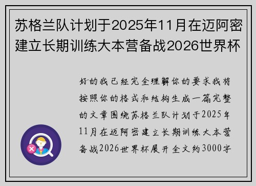 苏格兰队计划于2025年11月在迈阿密建立长期训练大本营备战2026世界杯