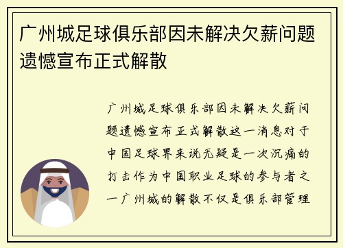 广州城足球俱乐部因未解决欠薪问题遗憾宣布正式解散